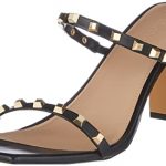 Women's Avery Square Toe Two Strap High Heeled Sandal Black Studded Thermoplastic Elastomers sole D'orsay Pointed Toe Ankle Strap Buckle closure