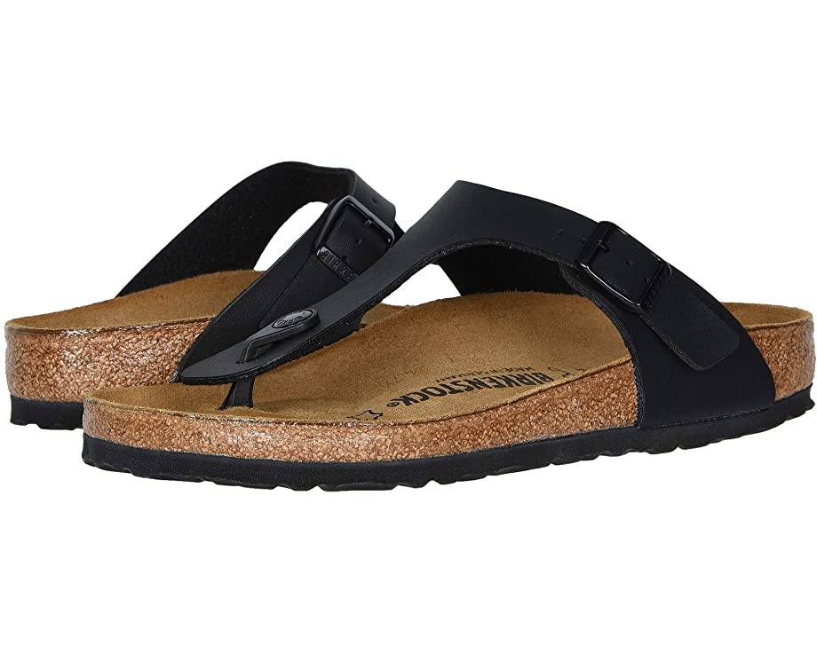Nicole Hoyt Women's Gizeh Black Birko-Flor Shoes The Gizeh is perfect for day or evening. Easy care Birko-Flor upper in a classic thong silhouette with an adjustable buckle for the perfect fit. Upper is made of acrylic and polyamide felt fibers with a leather-like texture on top and a soft fabric underneath against the skin. Features anatomically correct cork footbed that is 100% renewable and sustainable, and encourages foot health. The suede lined, contoured footbed will mold to the shape of your foot creating a custom footbed that supports and cradles you each every step.